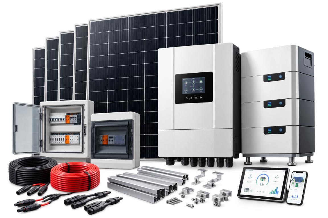 Complete solar system kit with panels and battery storage