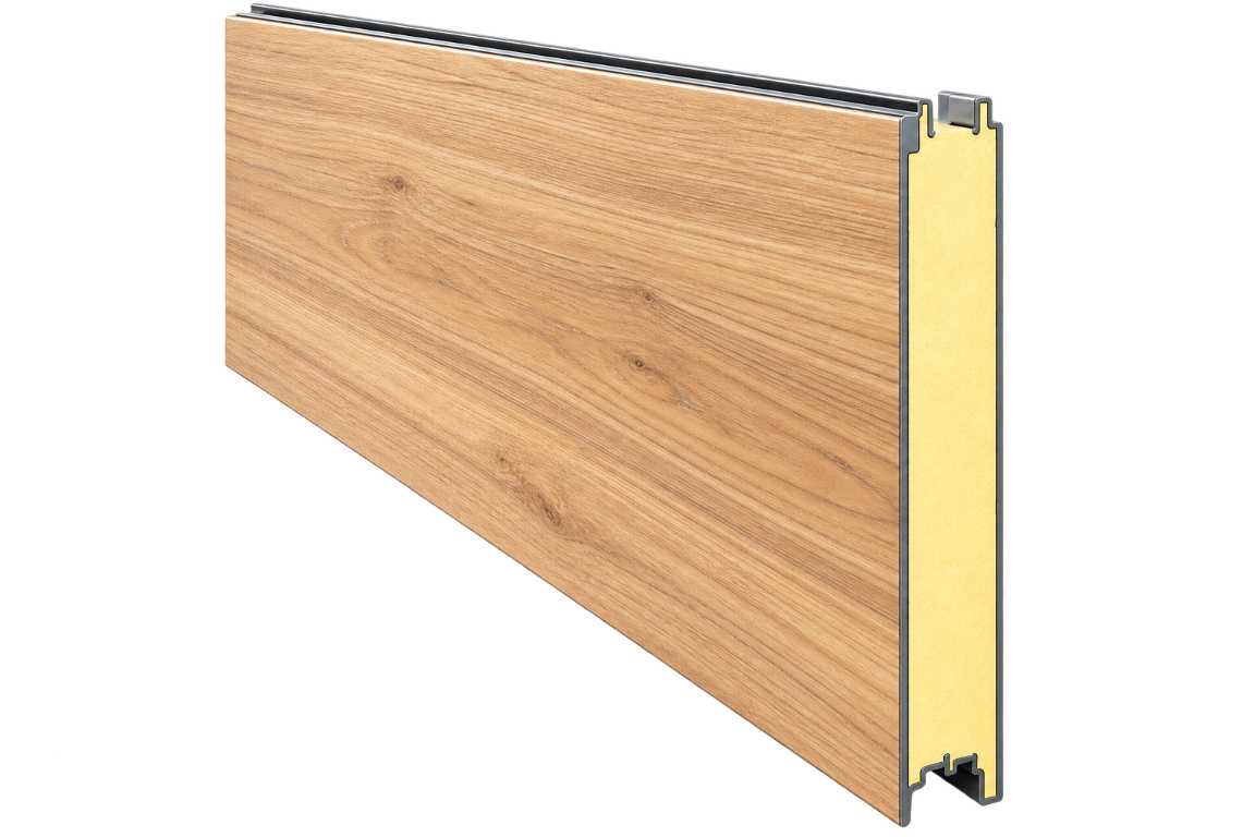 Exploded structural insulated panel showing metal skins and insulated core