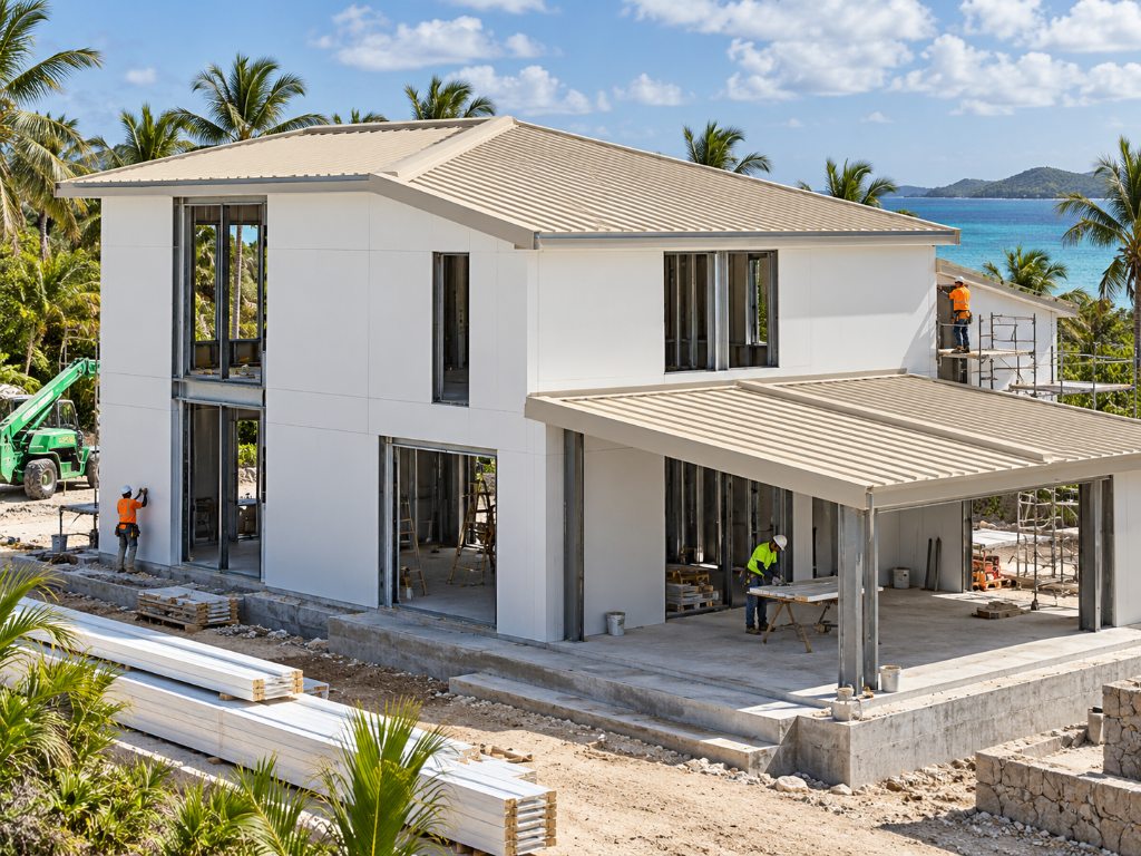 Completed two-story CENLUXE SIP structure with finished roof, ready for windows and interior work