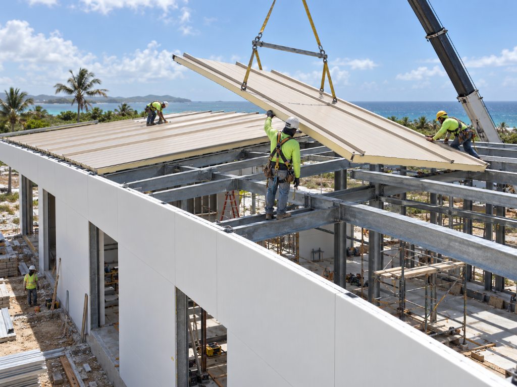 Crew installing CENLUXE SIP roof panels on a building frame with ocean views in the background