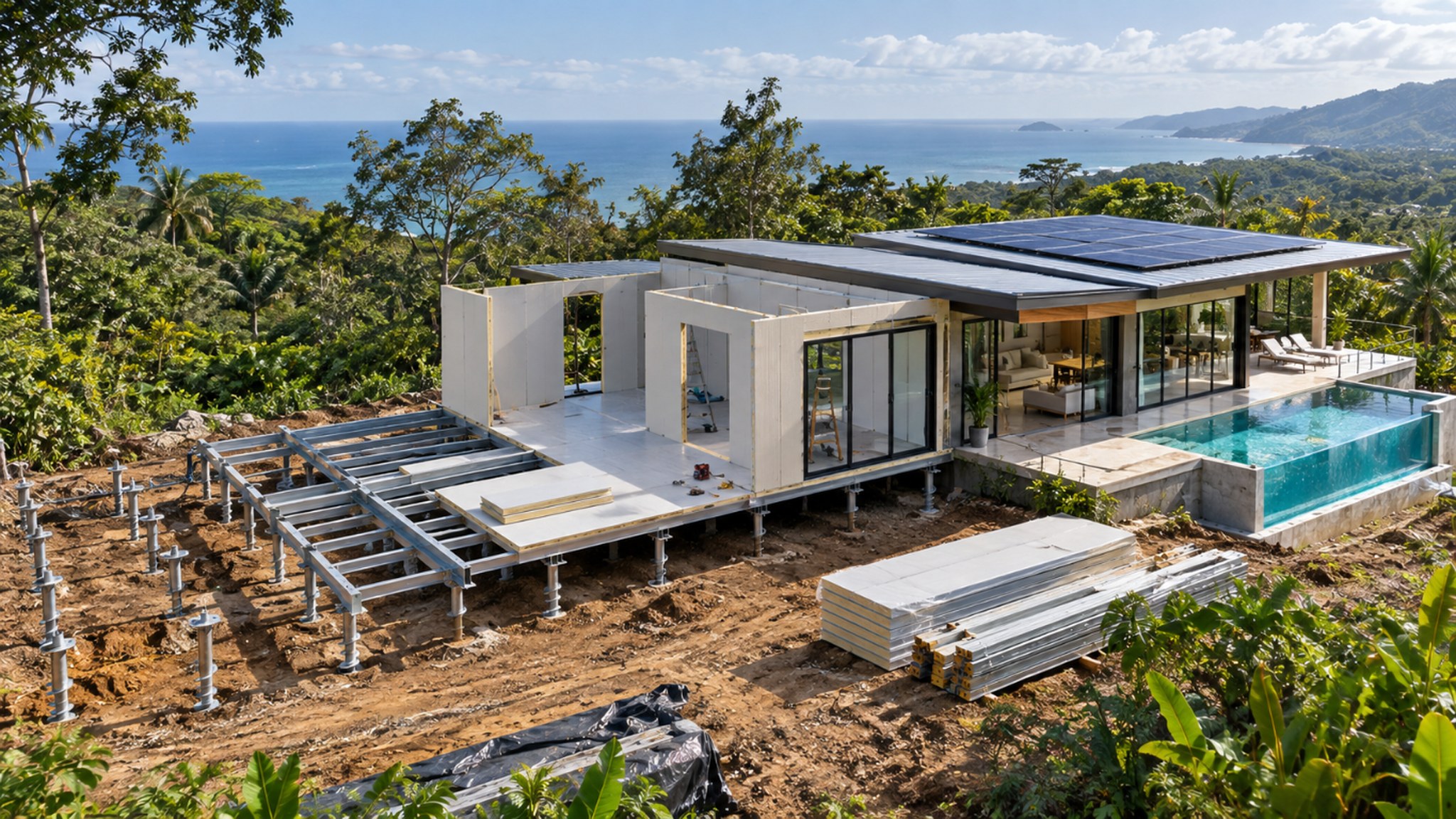 CENLUXE building systems shown together on one real project: SIP wall panels, solar roof, black-frame windows and doors, acrylic pool glass and galvanized helical pile foundations